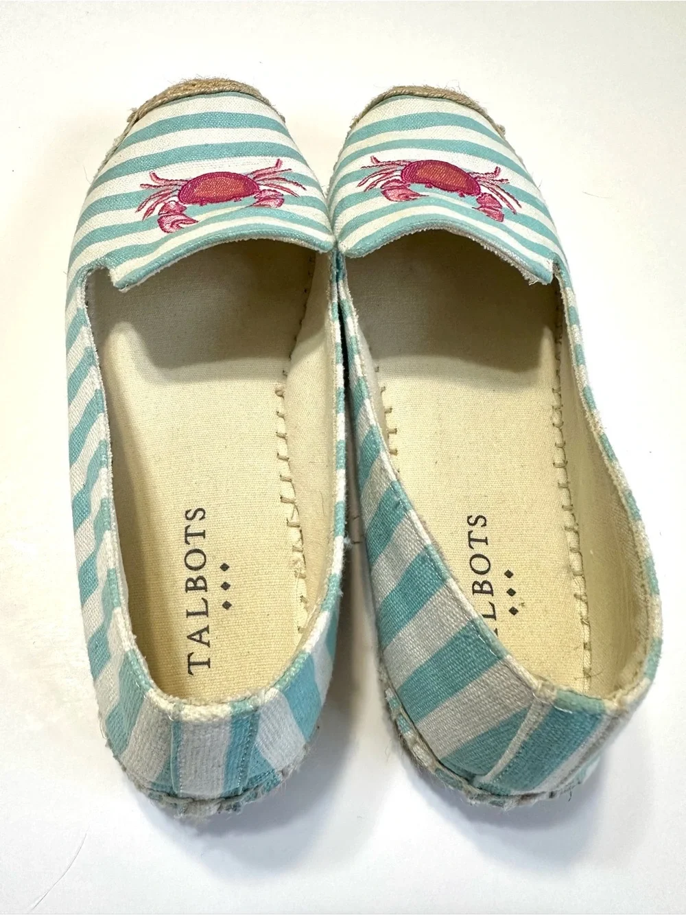 Talbots Striped Aqua & White Espadrille Slip-Ons with Pink Crab Embroidery
